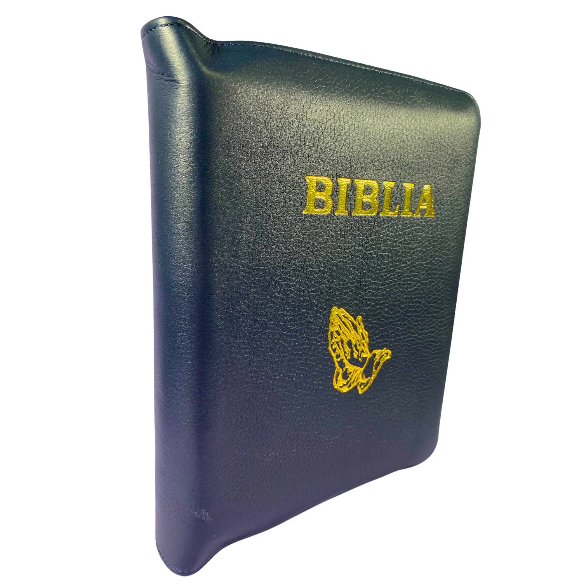 Biblia de studiu inductiv (trad. D. Cornilescu), piele naturala, bleumarin, fermoar, simbol maini in ruga Biblia de studiu inductiv (trad. D. Cornilescu), piele naturala, bleumarin, fermoar, simbol maini in ruga