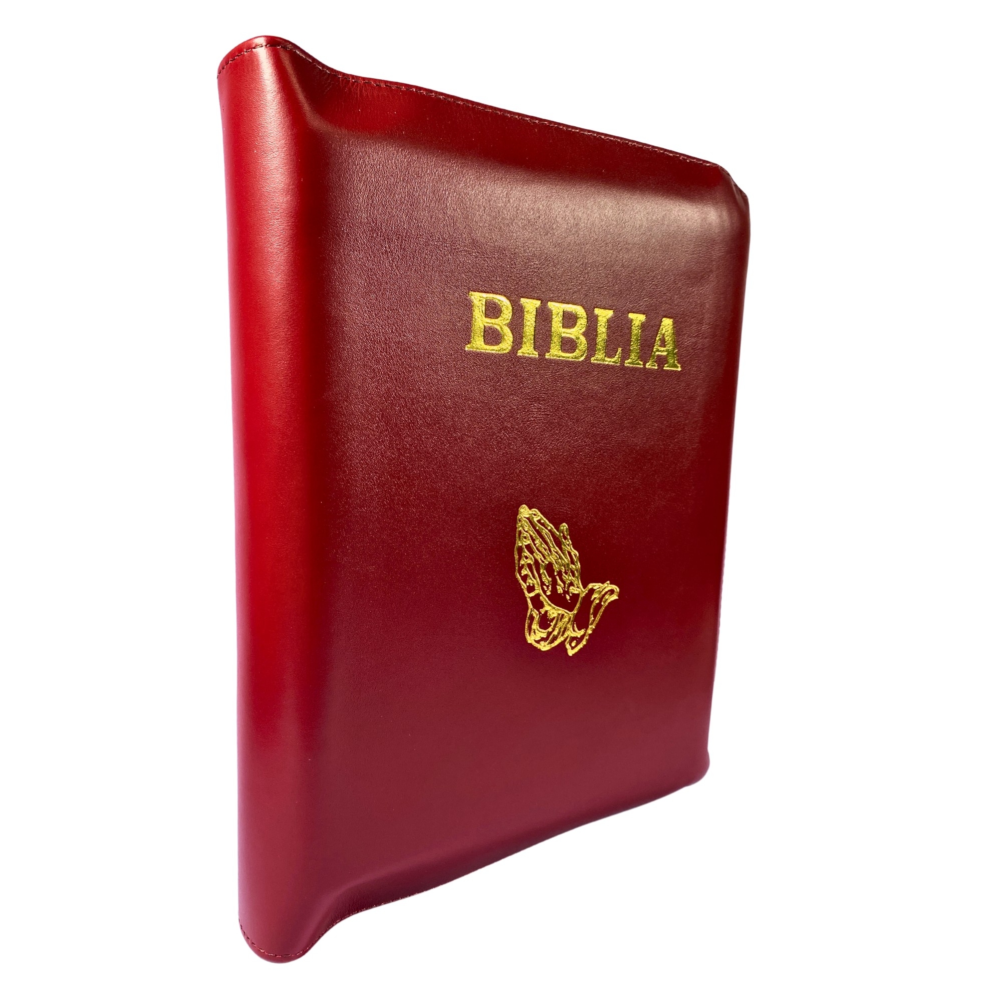 Biblia de studiu inductiv (trad. D. Cornilescu), piele naturala, vișiniu, fermoar, simbol maini in ruga