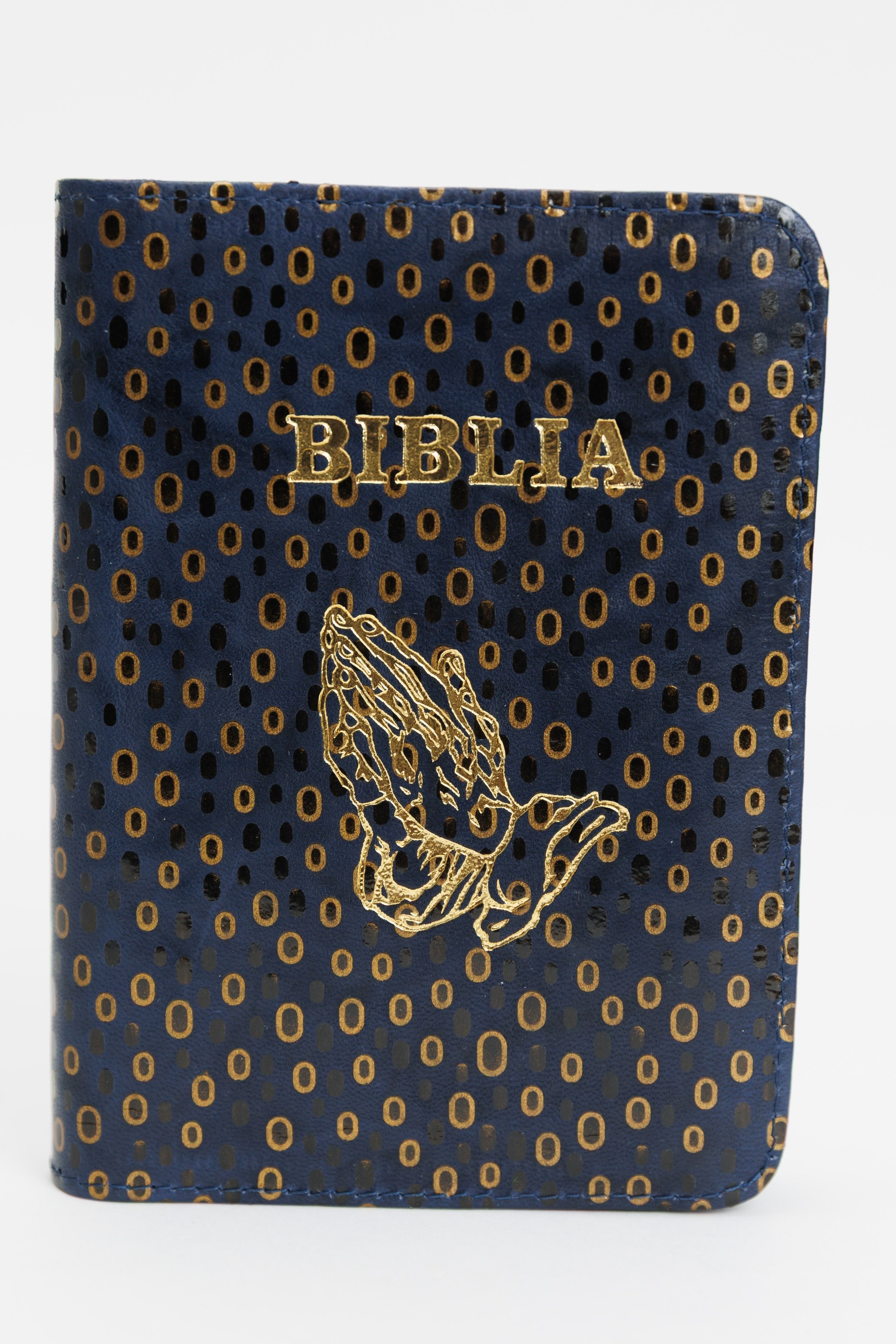 Biblia mica, coperta piele, bleumarin cu buline, index, fermoar, margini aurii, simbolul maini, cuv. lui Isus in rosu [047 PFI]