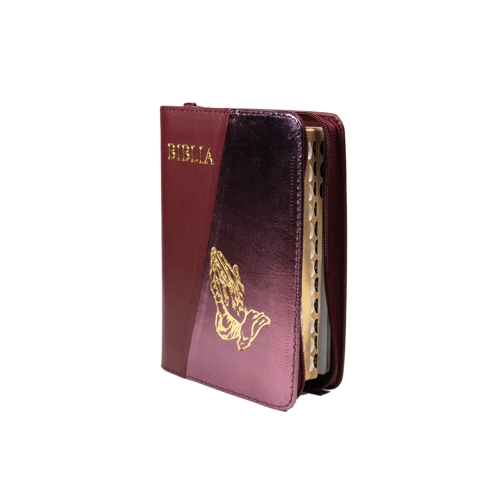 Biblia mica, coperta piele, culoare, bordo închis cu mov sidefat, index, fermoar, margini aurii,  simbolul maini, cuv. lui Isus in rosu [047 PFI]