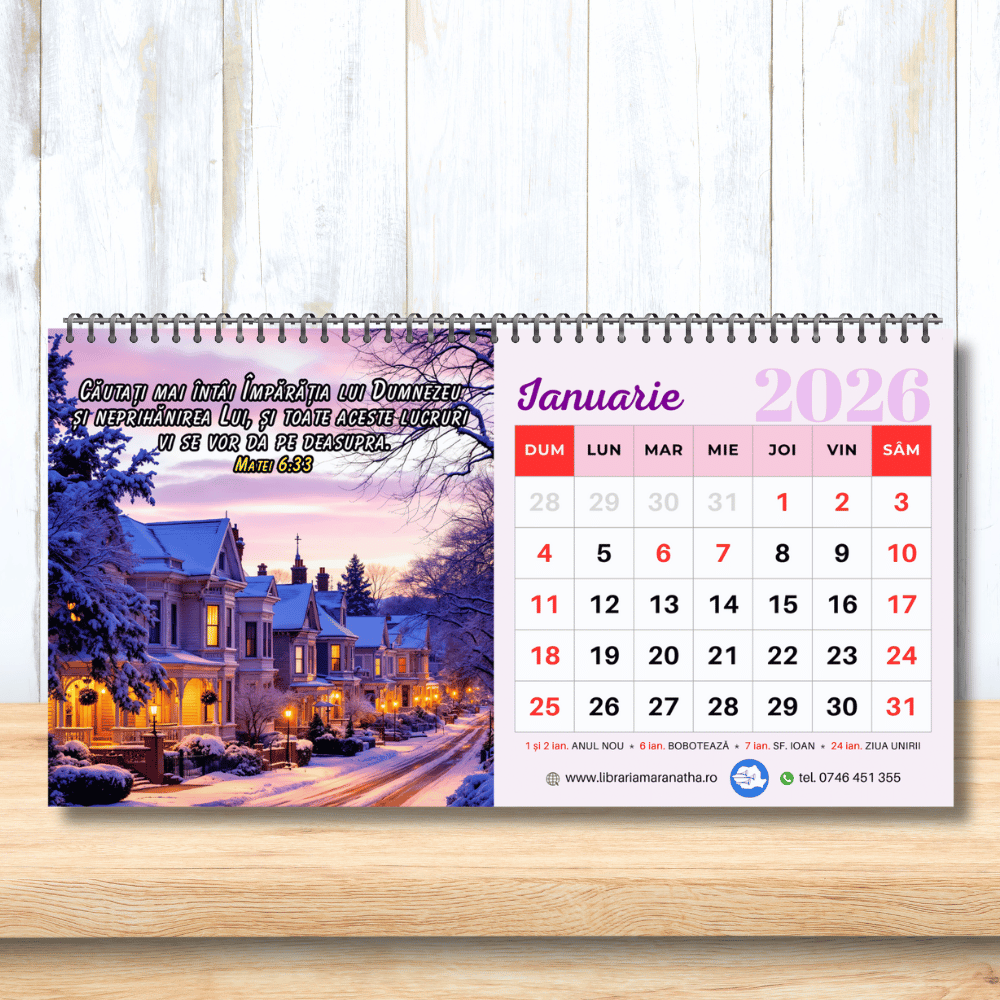 Calendar de birou 2026 - cu imagini și versete biblice, spirala metalica, zile libere Calendar de birou 2026 - cu imagini și versete biblice, spirala metalica, zile libere