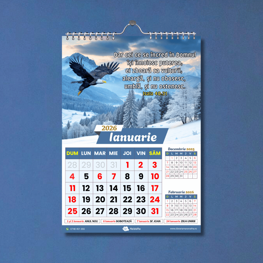Calendar crestin 2026 - marime foarte mare A3, cu spirala metalica, imagini si versete biblice, zile libere Calendar crestin 2026 - marime foarte mare A3, cu spirala metalica, imagini si versete biblice, zile libere
