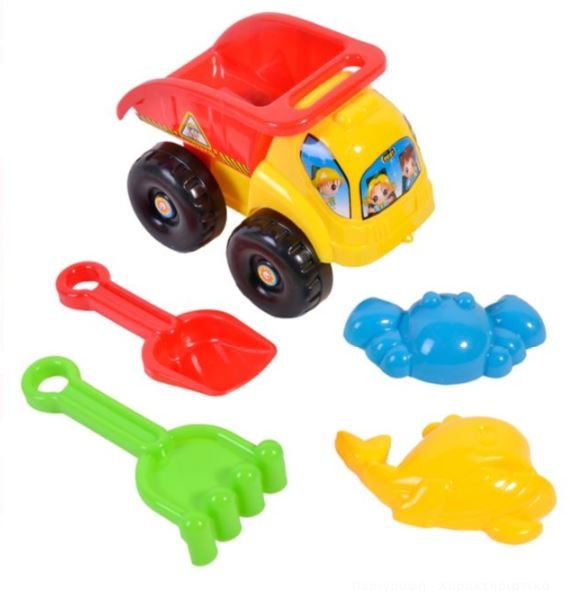 Set jucarii pentru nisip - Camion galben-rosu + 4 accesorii Set jucarii pentru nisip - Camion galben-rosu + 4 accesorii