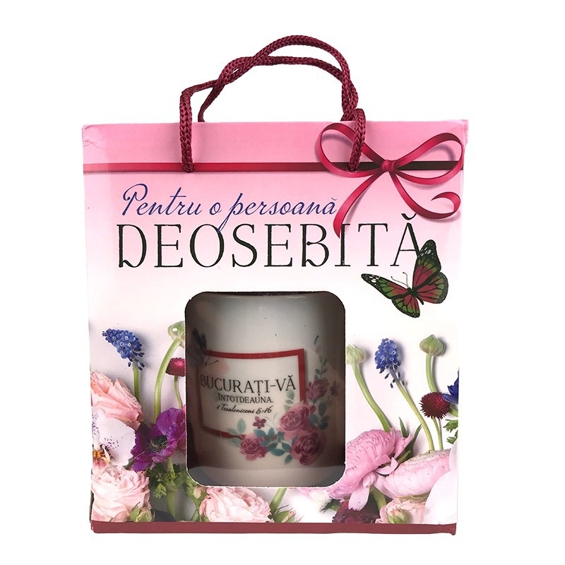 Cana cu lingurita, cu verset biblic - Bucurați-vă întotdeauna Cana cu lingurita, cu verset biblic - Bucurați-vă întotdeauna