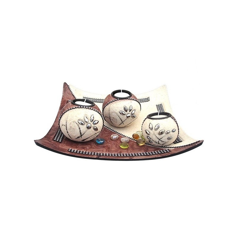 Candela lemn cu 3 boluri maro si bej Candela lemn cu 3 boluri maro si bej