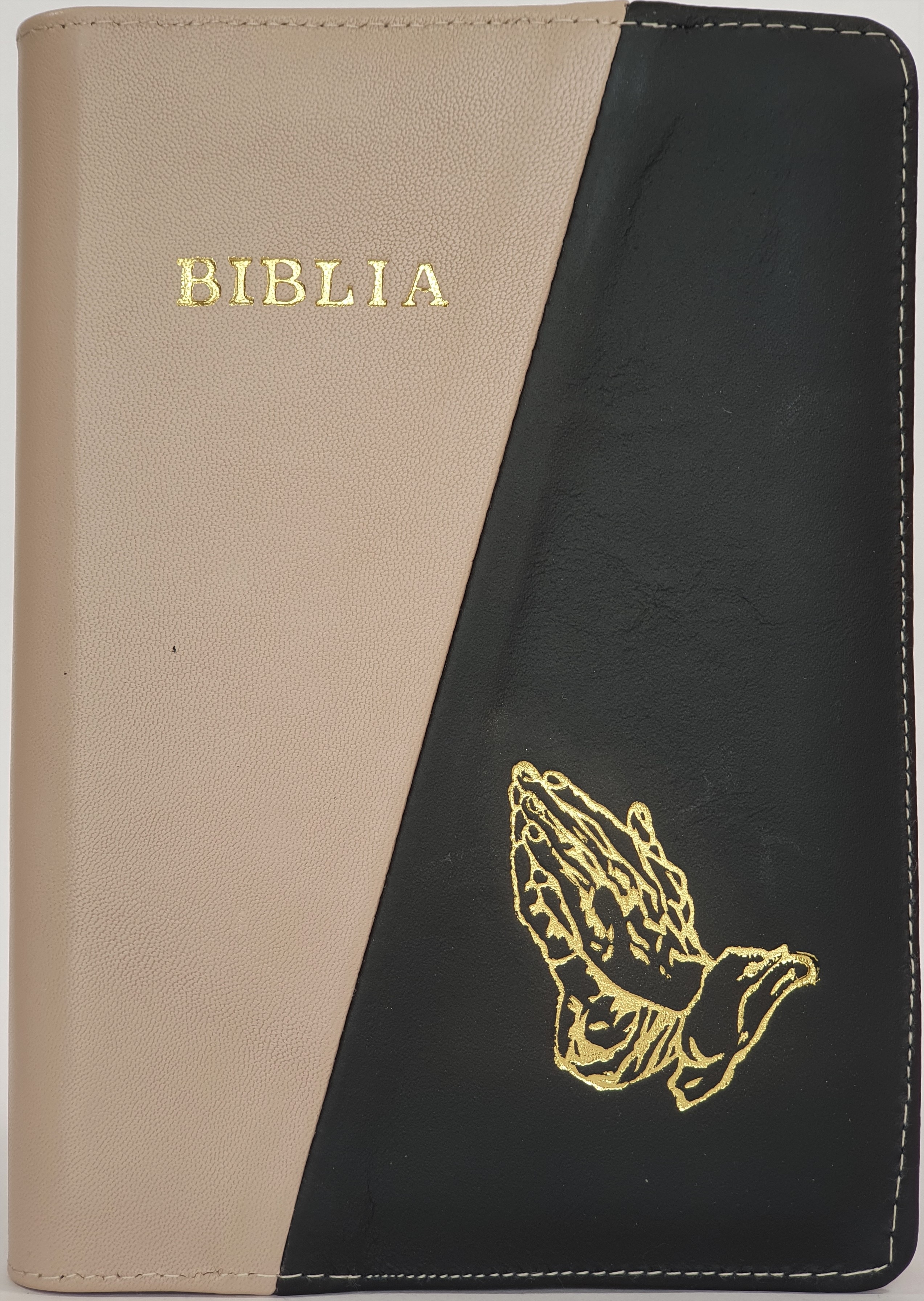 Biblie din piele, marime medie, culoare cappuccino cu  negru, simbol maini in rugaciune, fermoar, index, margini aurii, cuv. lui Isus cu rosu [SB 057 PFI]