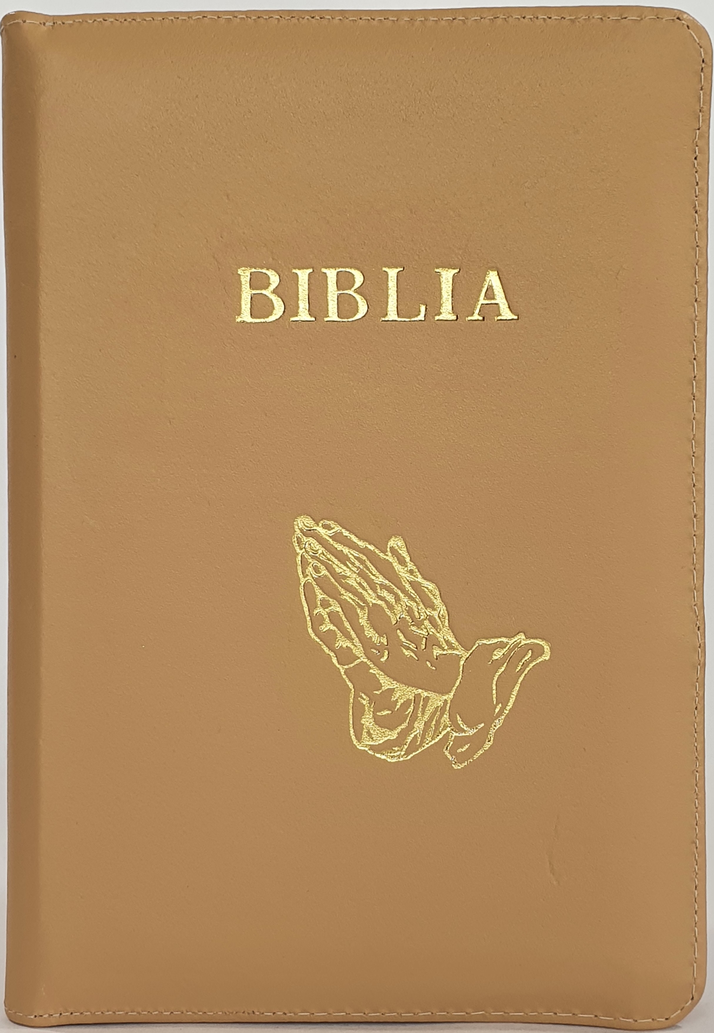 Biblia din piele, marime medie, culoare cappuccino, fermoar,margini albe,simbol maini in rugaciune, cuv. lui Isus cu rosu [053]