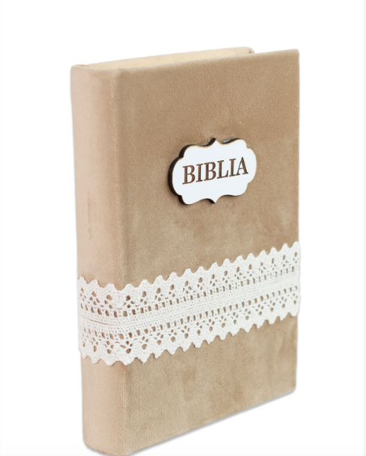 Biblia handmade, model 49, marime medie, coperta tare textila, margini aurii, index, cuv. lui Isus cu rosu [SI 057 HM]