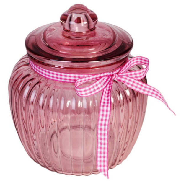 Bomboniera, borcan sticla roz, funda. Bomboniera, borcan sticla roz, funda.