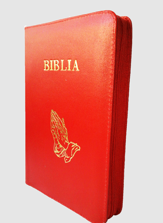 Biblie din piele, marime medie, culoare rosie, fermoar, maini in rugaciune, margini albe,cuv. lui Isus cu rosu [053]