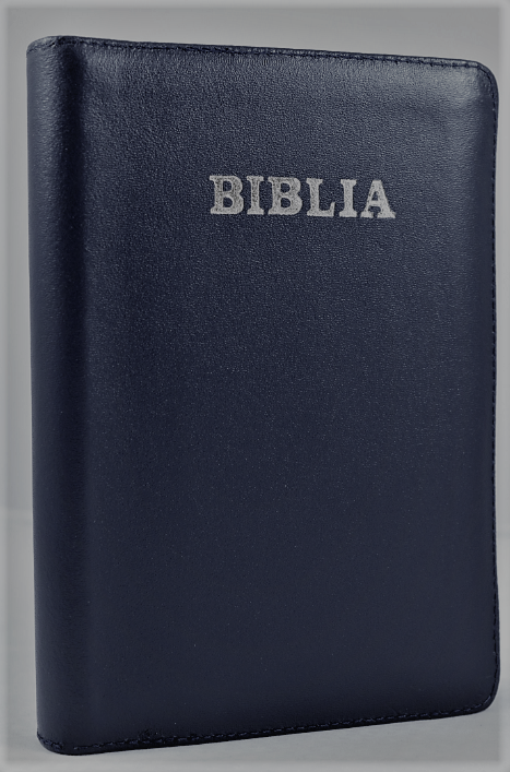 Biblie din piele, marime medie, albastru metal, închis, fermoar, margini albe, cuv. lui Isus cu rosu [053]