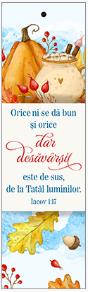 Semn de carte cu panglica portocalie -  Verset:  " Orice ni se dă bun și orice dar desăvârșit este de sus, de la Tatăl luminilor." Iacov 1:17  [129]