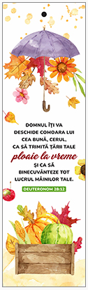 Semn de carte cu panglica portocalie  -  Verset: " Domnul îți va deschide comoara Lui cea bună, cerul, ca să trimită țării tale ploaie la vreme și ca să binecuvânteze toate lucrurile mâinilor tale." Deuteronom 28:12 [139]