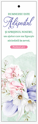 Semn de carte cu panglica mov -   Verset:  " Dumnezeu este adăpostul și sprijinul nostru, un ajutor care nu lipsește niciodată în nevoi." Psalmul 46:1 [144]