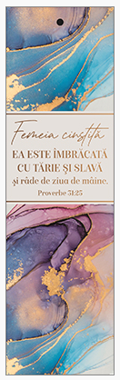 Semn de carte cu panglica mov -  Verset:  Femeia cinstită " Ea este îmbrăcată cu tărie și slavă și râde de ziua de mâine." Proverbe 31:25  [145]