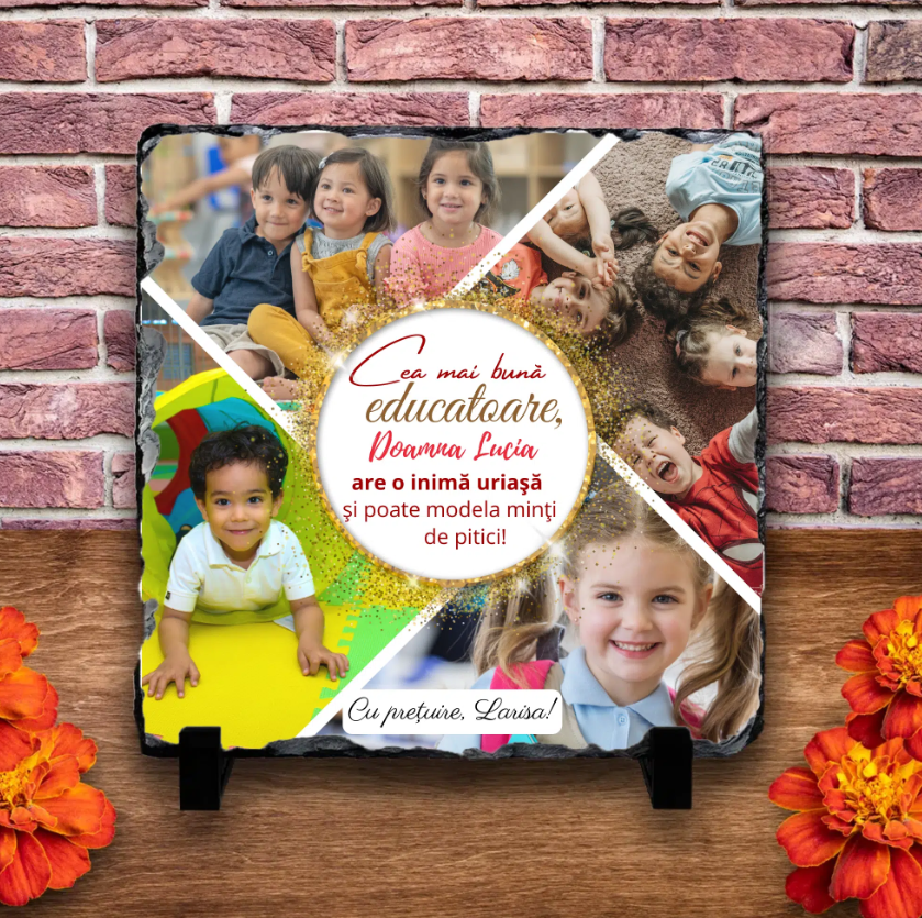 Placă ardezie personalizată cu 4 poze și nume – Educatoare