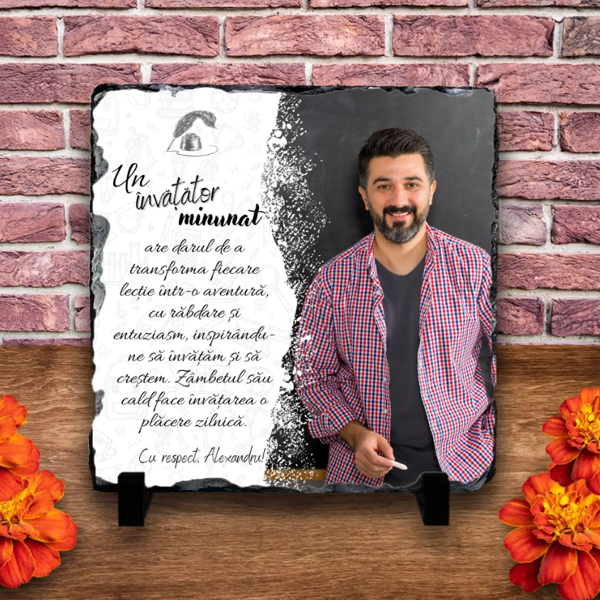 Placă ardezie personalizată cu nume, poză și text – Învățător