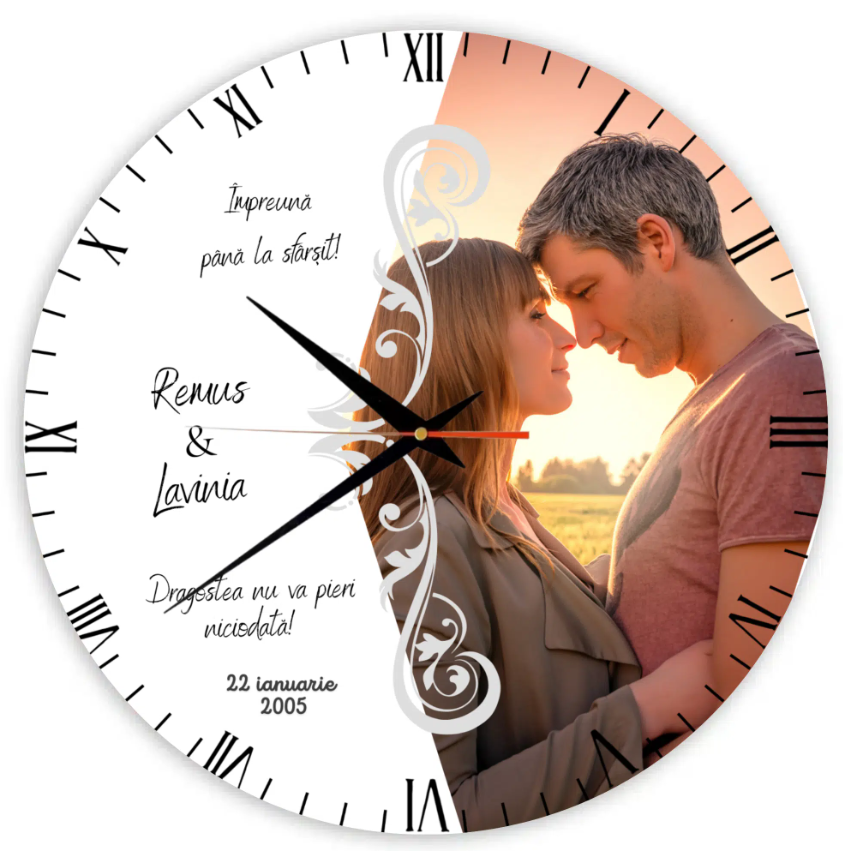 Ceas cadou aniversare casatorie, personalizat cu poză, două nume și dată