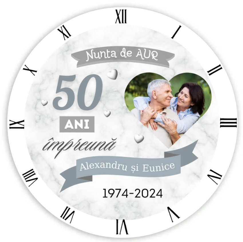 Ceas cadou nunta de aur, personalizat cu poză, două nume și dată