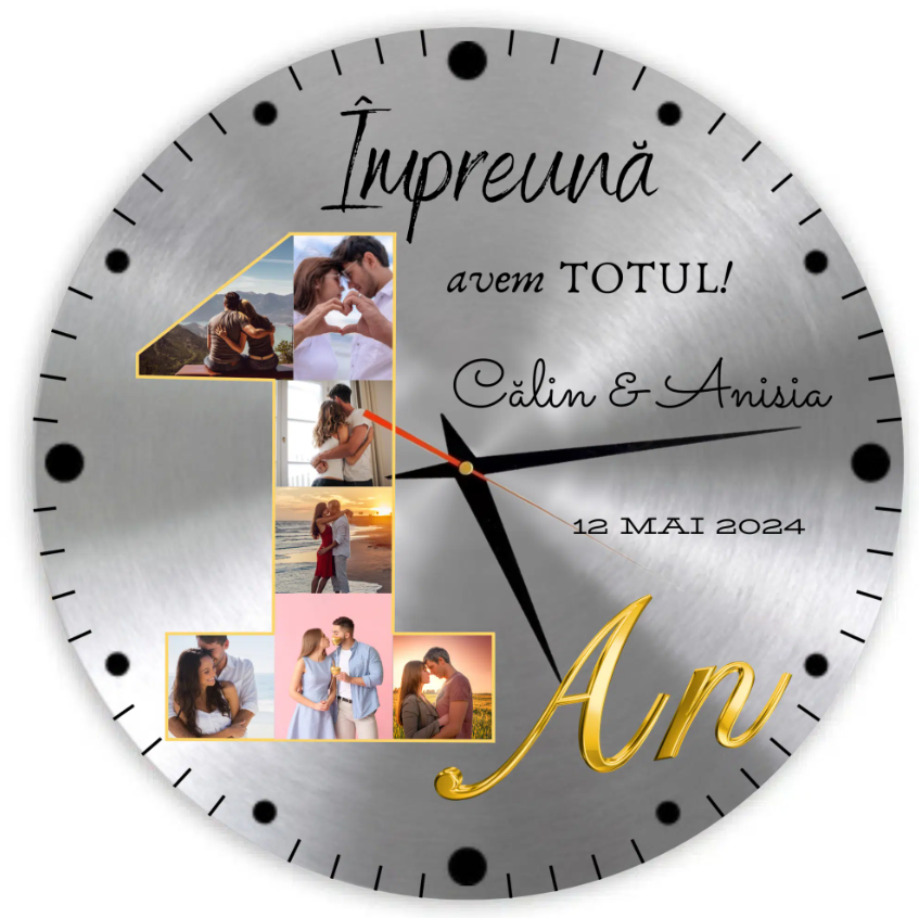 Ceas cadou aniversare cuplu 1 an, personalizat cu 7 poze Ceas cadou aniversare cuplu 1 an, personalizat cu 7 poze