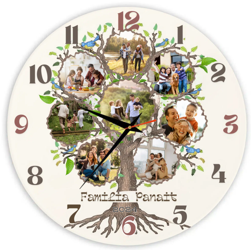 Ceas cadou de familie, personalizat cu 8 poze și nume