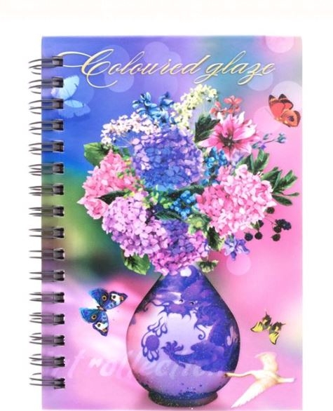 Carnetel A6 cu spirala, roz-mov, vaza cu flori Carnetel A6 cu spirala, roz-mov, vaza cu flori