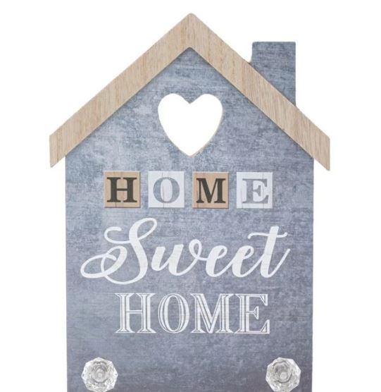 Cuier din lemn in forma de casa, albastru, 2 agatatori - Home Sweet Home (20x27cm) Cuier din lemn in forma de casa, albastru, 2 agatatori - Home Sweet Home (20x27cm)