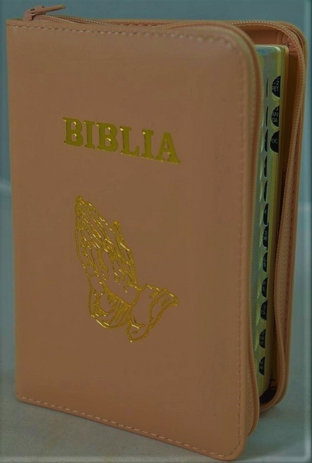 Biblie marime mica, piele,culoare cappuccino, index, fermoar, margini aurii, cuv. lui Isus in rosu,simbol maini in rugaciune [047 PFI]