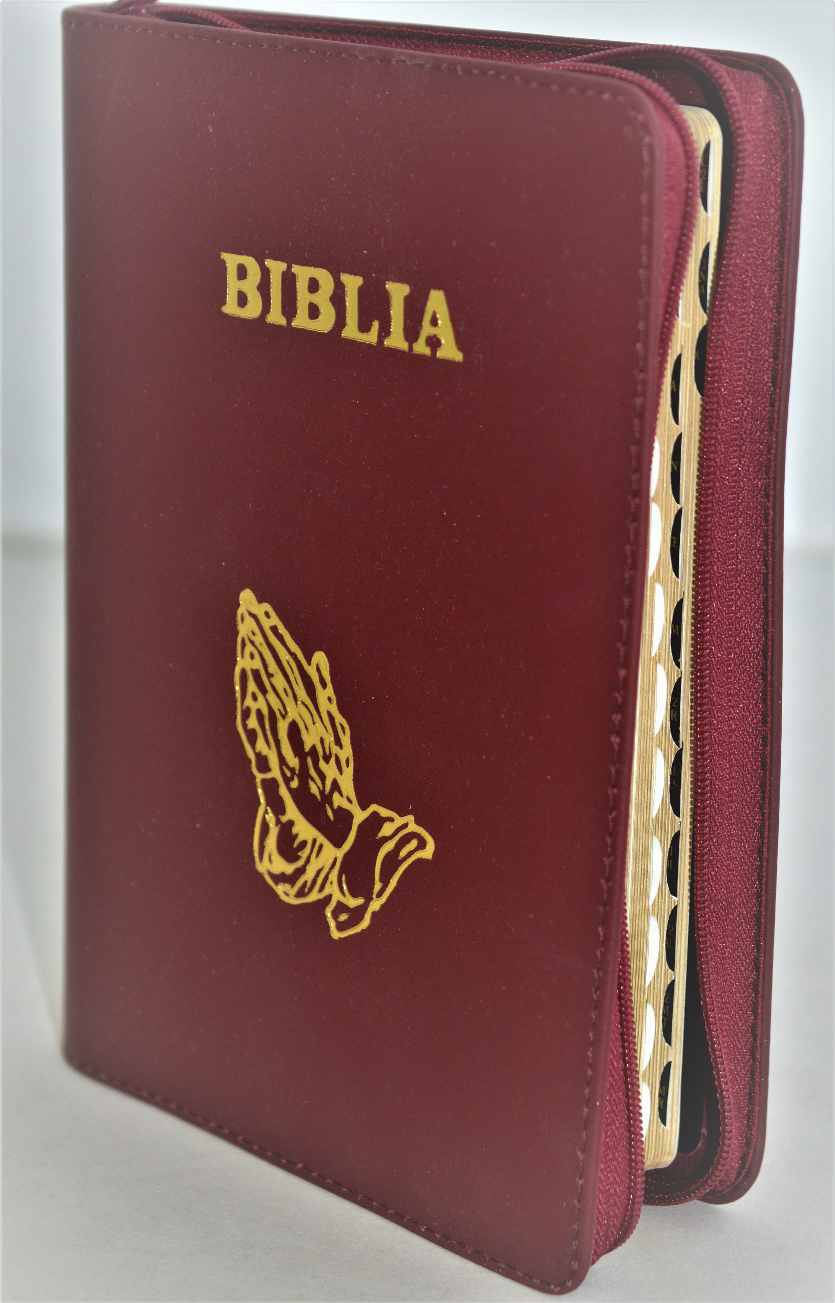 Biblie de lux, medie, din piele,bordo, index, aurita, fermoar, simbolul maini in ruga[SI 057 PFI]