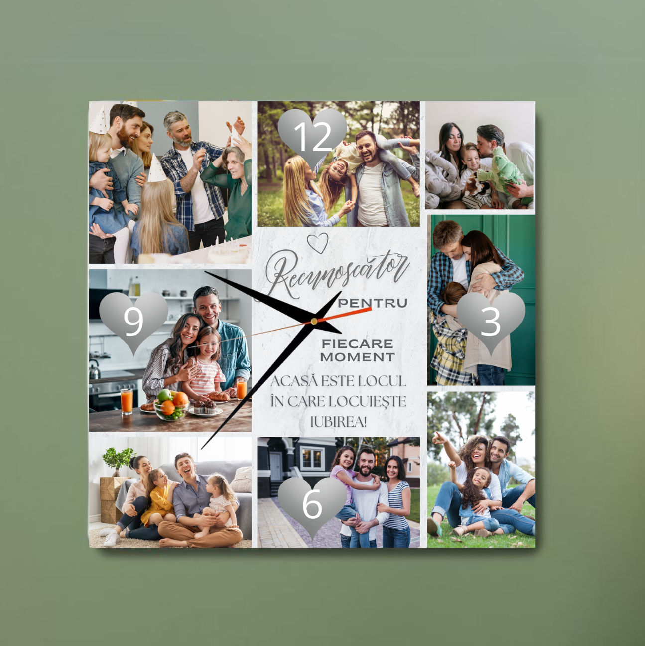 Ceas personalizat pătrat cu 8 poze – Acasă Ceas personalizat pătrat cu 8 poze – Acasă