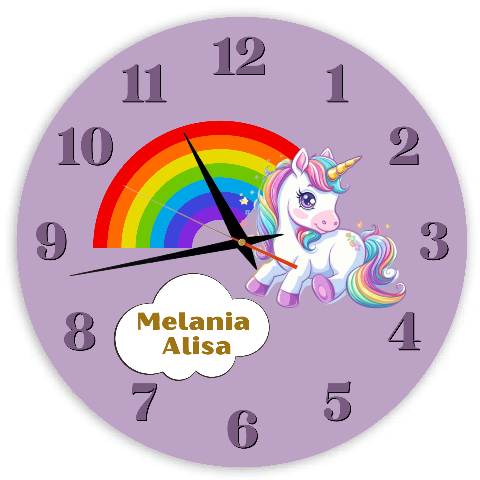 Ceas pentru camera copii, personalizat cu nume – Unicorn