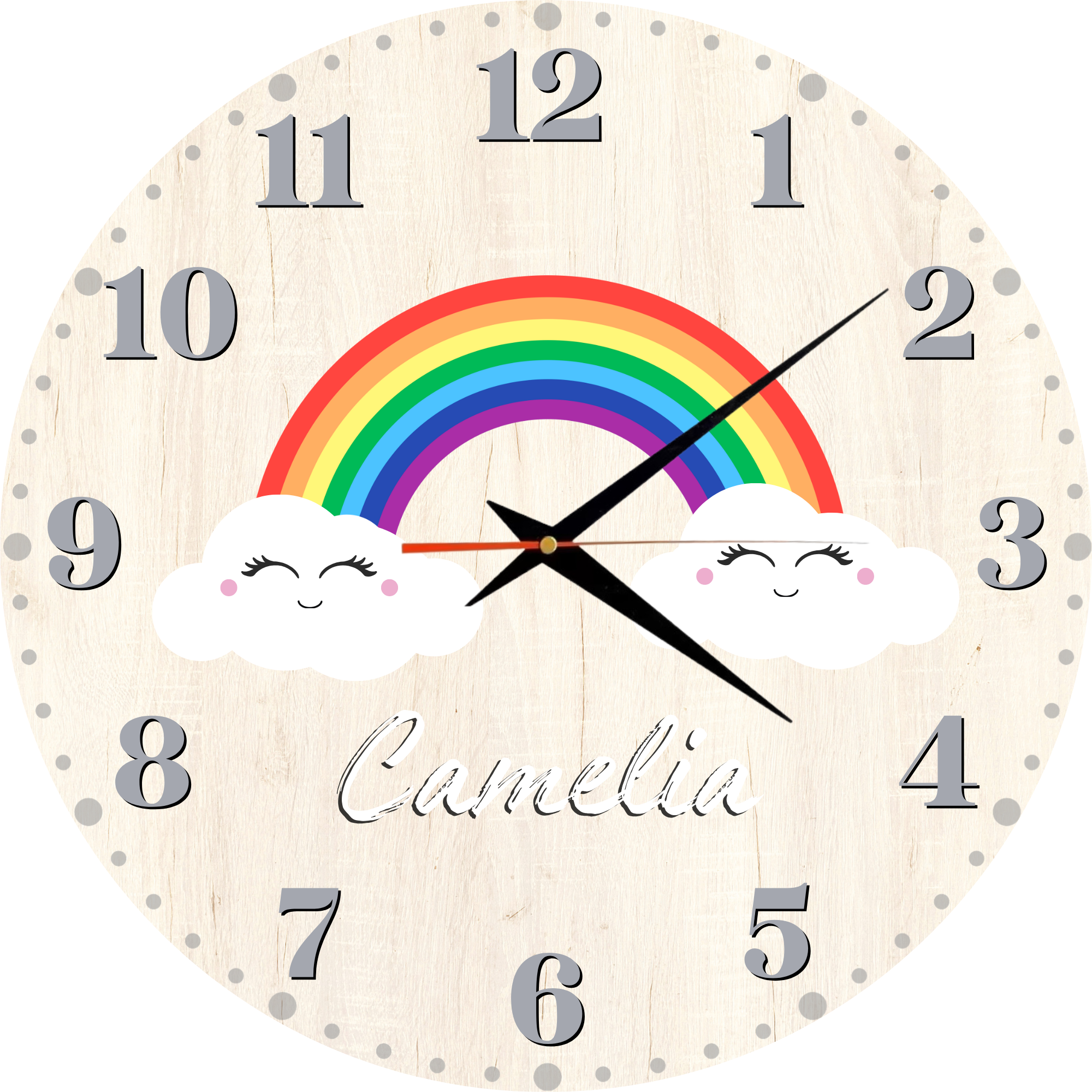 Ceas pentru camera copilului, personalizat cu nume – Curcubeu