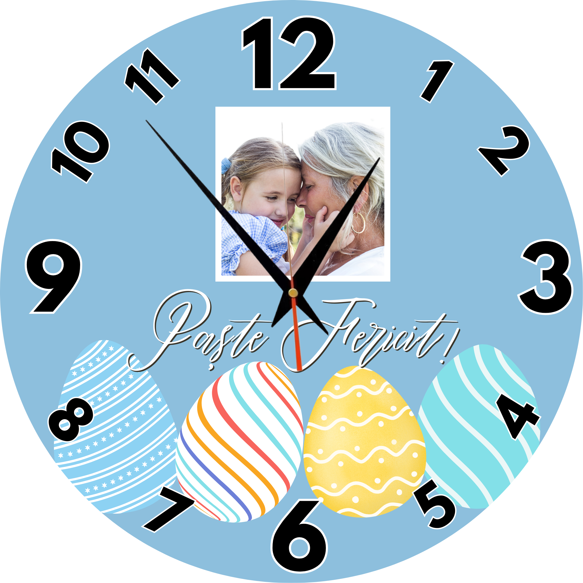 Ceas personalizat rotund cu poză – Paște Fericit!