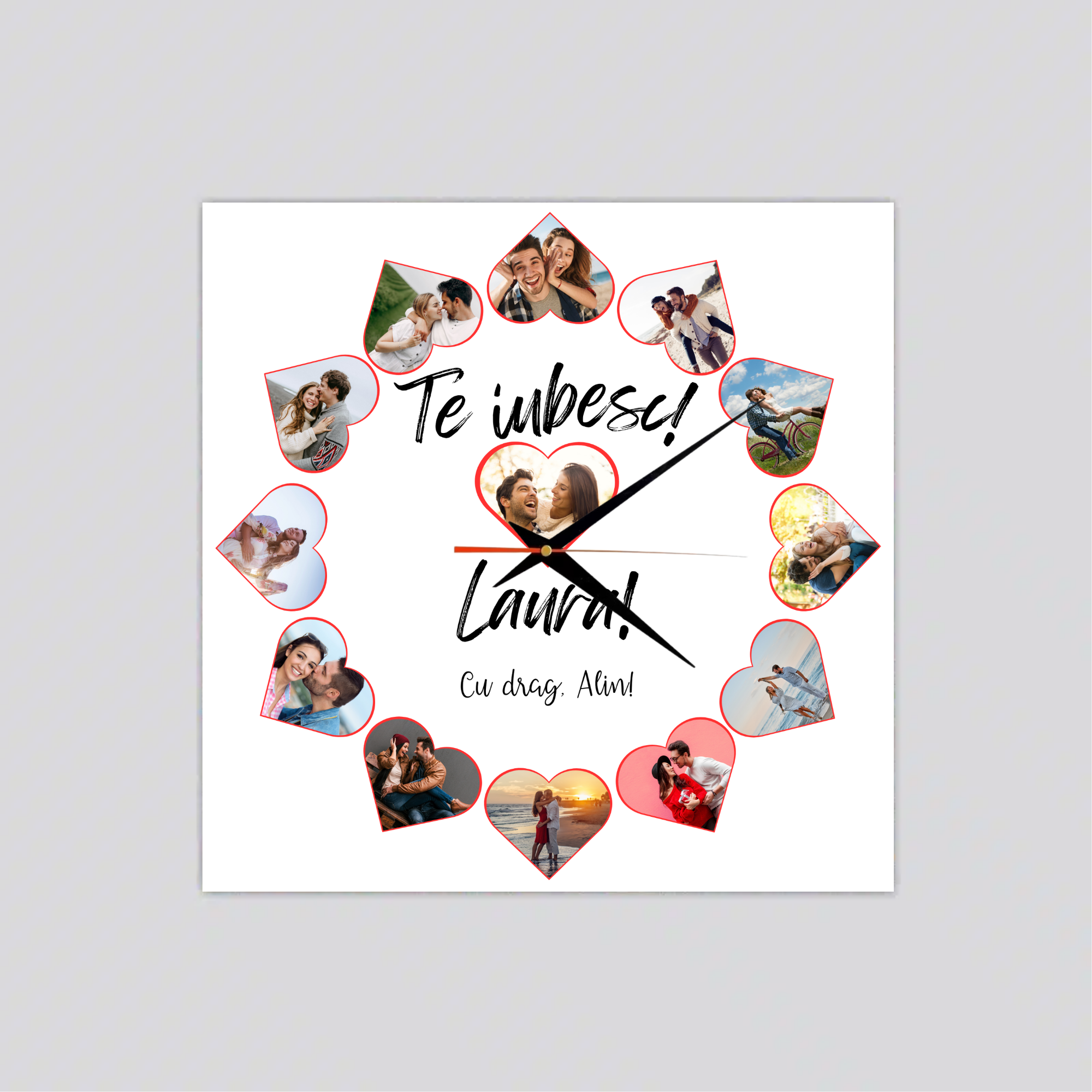 Ceas pentru iubiti / cuplu, personalizat, cu 13 poze și nume – Te iubesc Ceas pentru iubiti / cuplu, personalizat, cu 13 poze și nume – Te iubesc