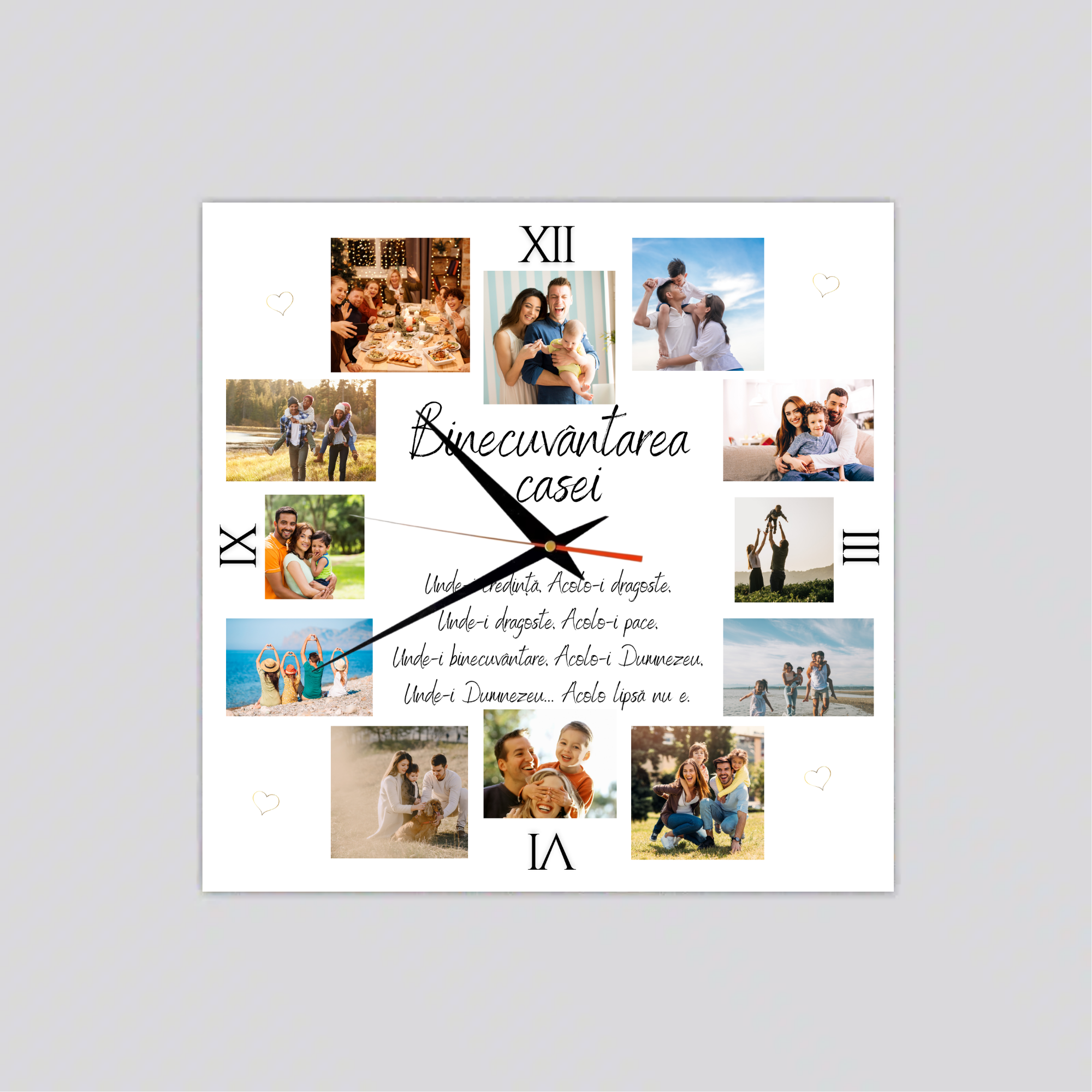 Ceas personalizat cu mesaj crestin, pătrat, cu 12 poze – Binecuvântarea casei