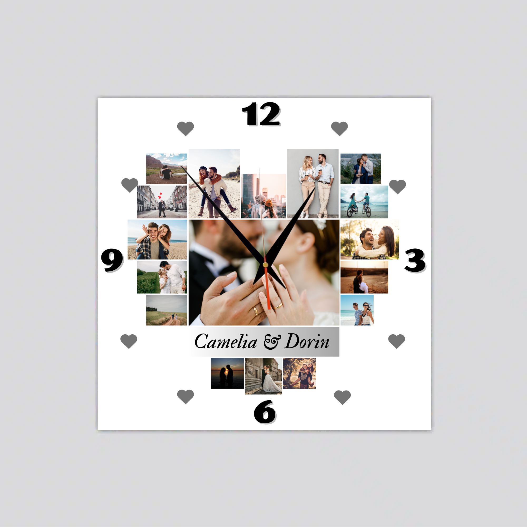 Ceas pentru cuplu, personalizat cu 17 poze și două nume Ceas pentru cuplu, personalizat cu 17 poze și două nume
