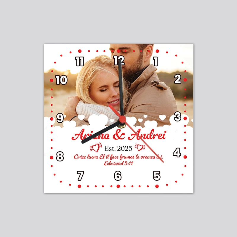 Ceas personalizat cu verset biblic, două nume, dată și poză - Ziua îndrăgostiților