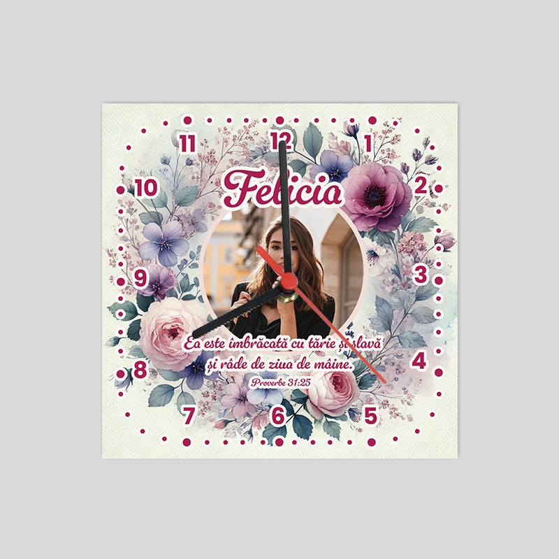 Ceas personalizat cu verset biblic, nume și poză - Ziua femeii