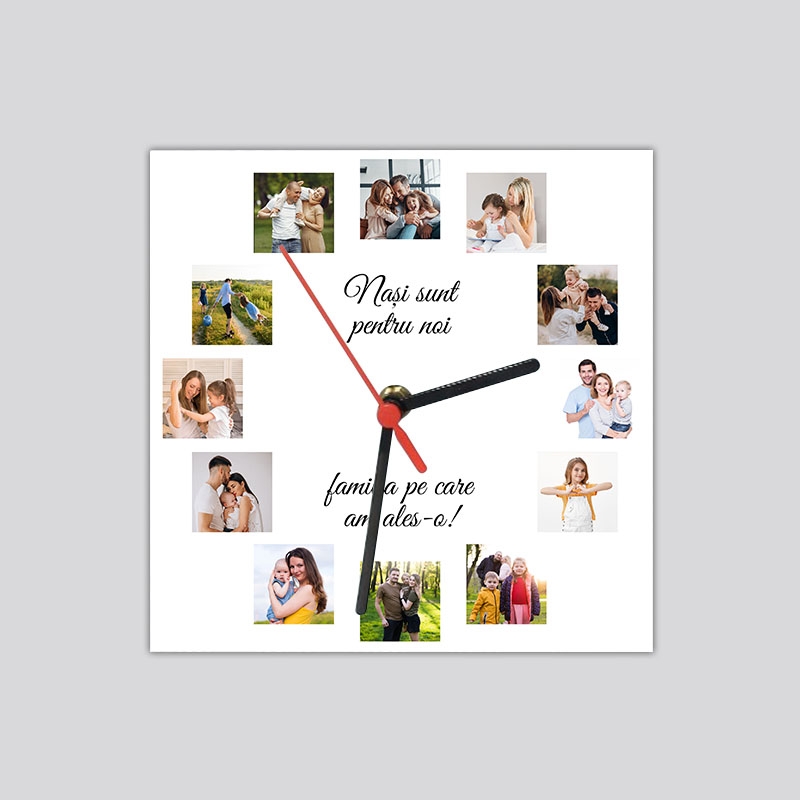 Ceas personalizat pătrat cu 12 poze – Nași