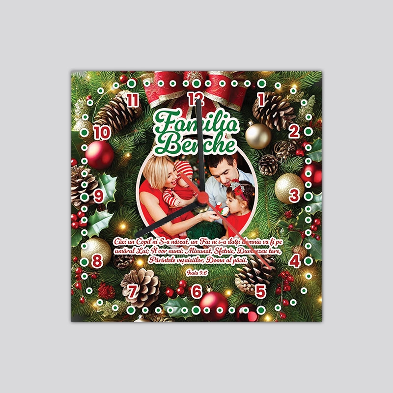 Ceas personalizat cu verset biblic, nume și poză - Crăciun
