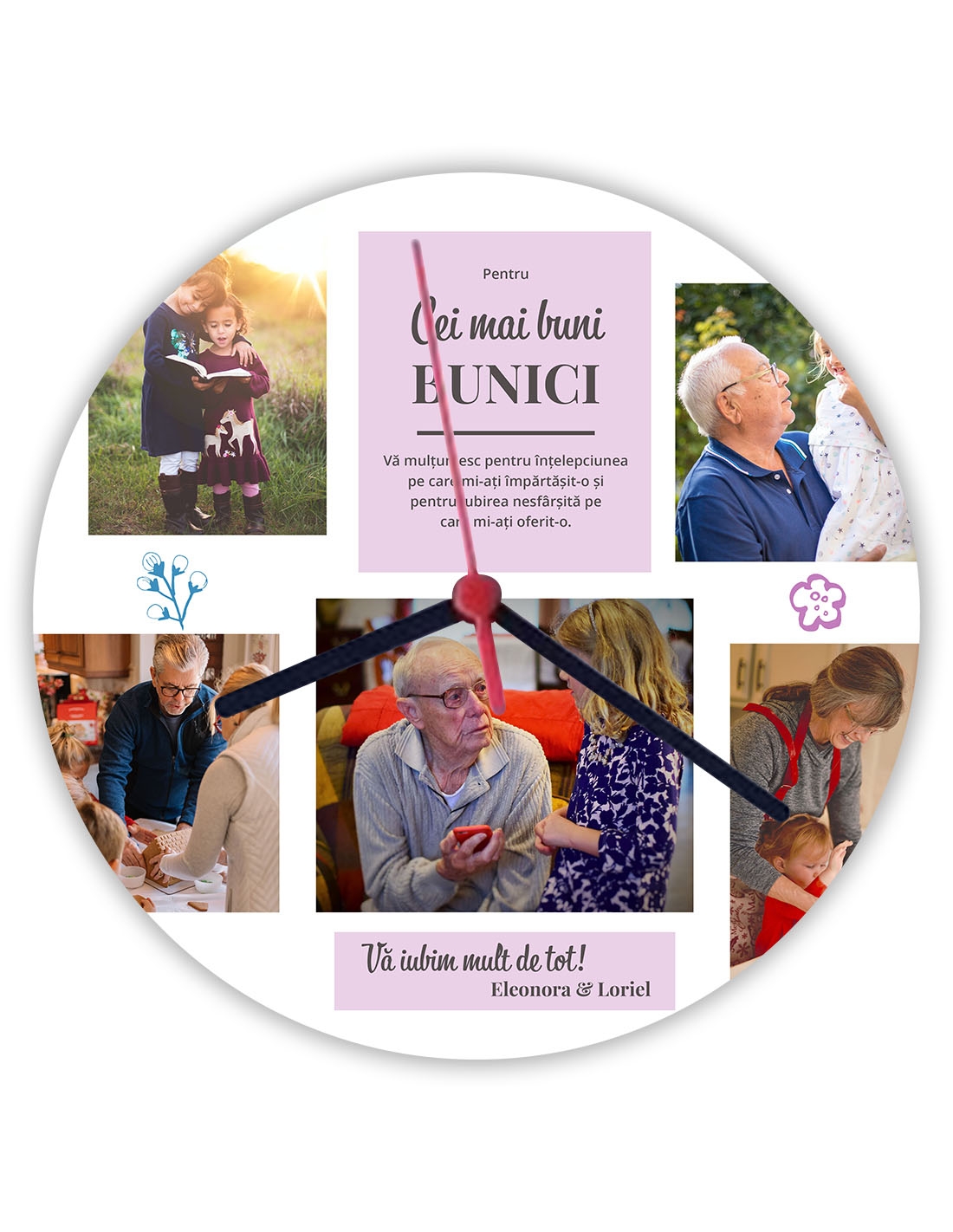Ceas personalizat rotund cu 5 poze – Cei mai buni bunici