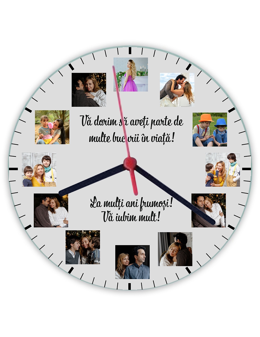 Ceas personalizat rotund cu 12 poze – Aniversare
