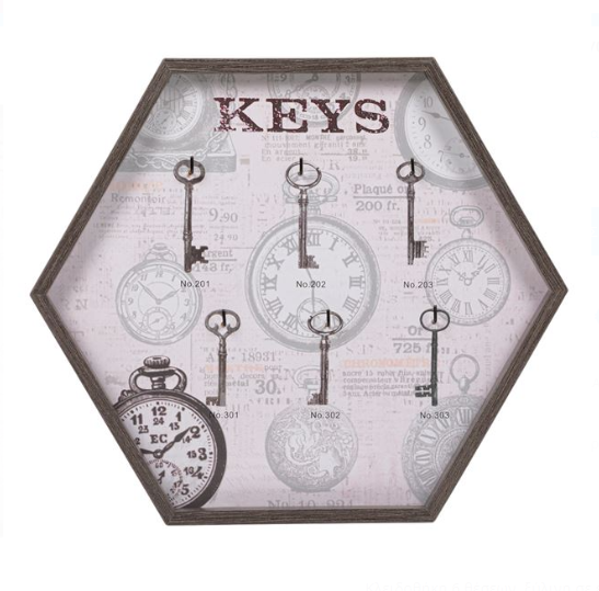 Cuier din lemn hexagonal pentru chei, 6 agatatori - Keys (33x29cm) Cuier din lemn hexagonal pentru chei, 6 agatatori - Keys (33x29cm)
