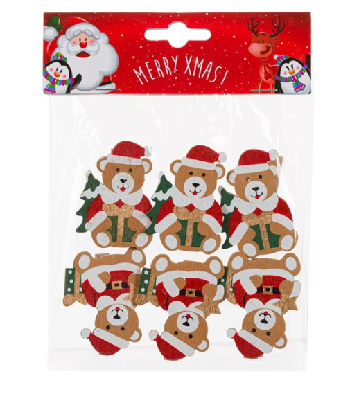 Mini clame din lemn de Craciun - Ursuleti, 6 buc. Mini clame din lemn de Craciun - Ursuleti, 6 buc.