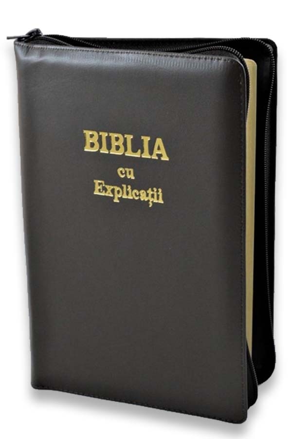 Biblia cu explicatii + concordanta biblica, piele naturala, culoare maro brun, fermoar, fara index, aurita, cuv. lui Isus cu rosu, simbol simpla [CO 77 PF]
