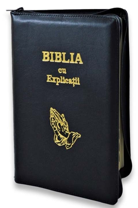 Biblia cu explicatii + concordanta biblica, marime mare,piele naturala, culoare neagra, fermoar, fara index, aurita, cuv. lui Isus cu rosu, simbol maini in rugaciune [CO 77 PF]