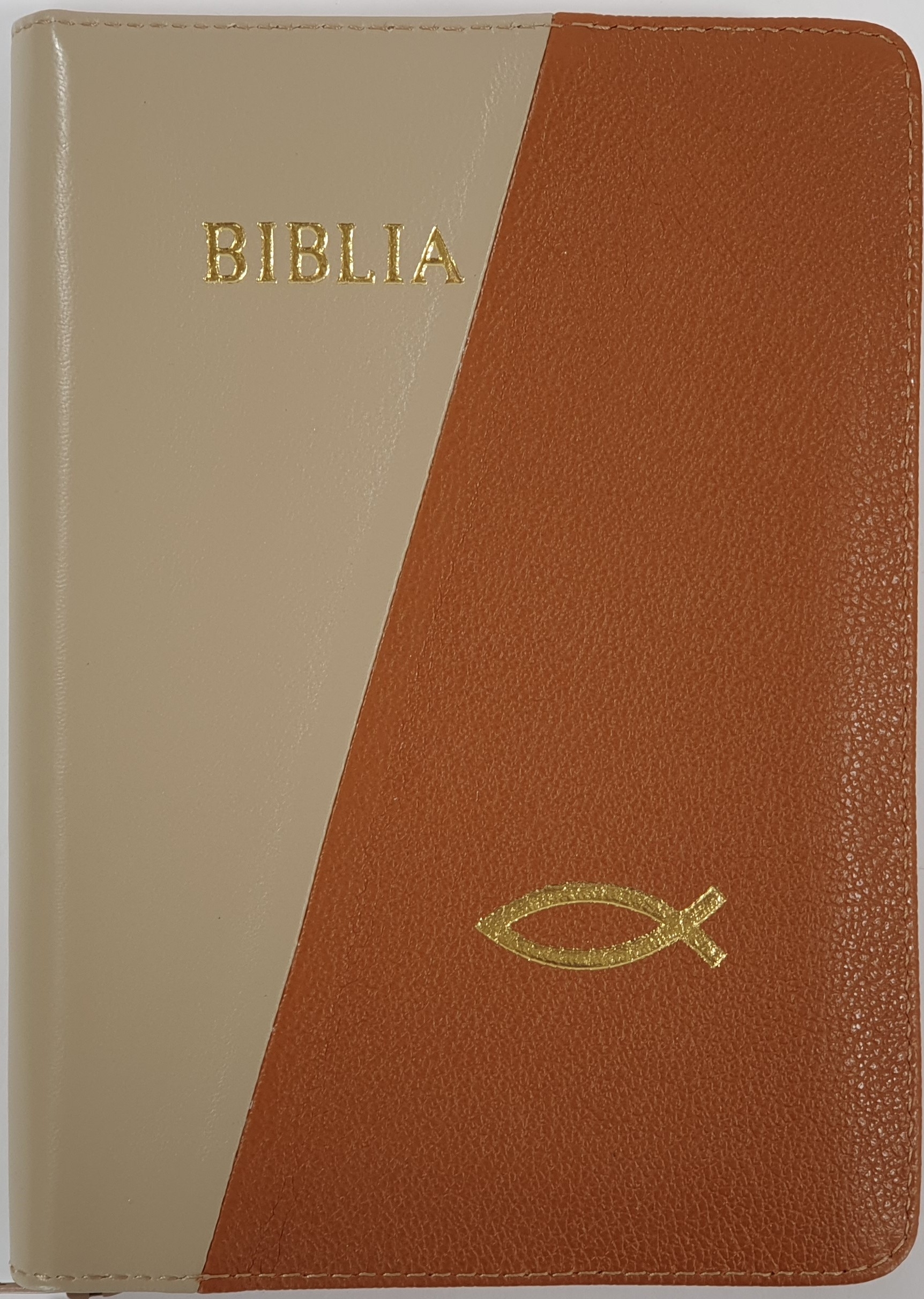 Biblie din piele, marime medie, culoare crem cu maro deschis, simbol peste, fermoar, index, margini aurii, cuv. lui Isus cu rosu [SB 057 PFI]