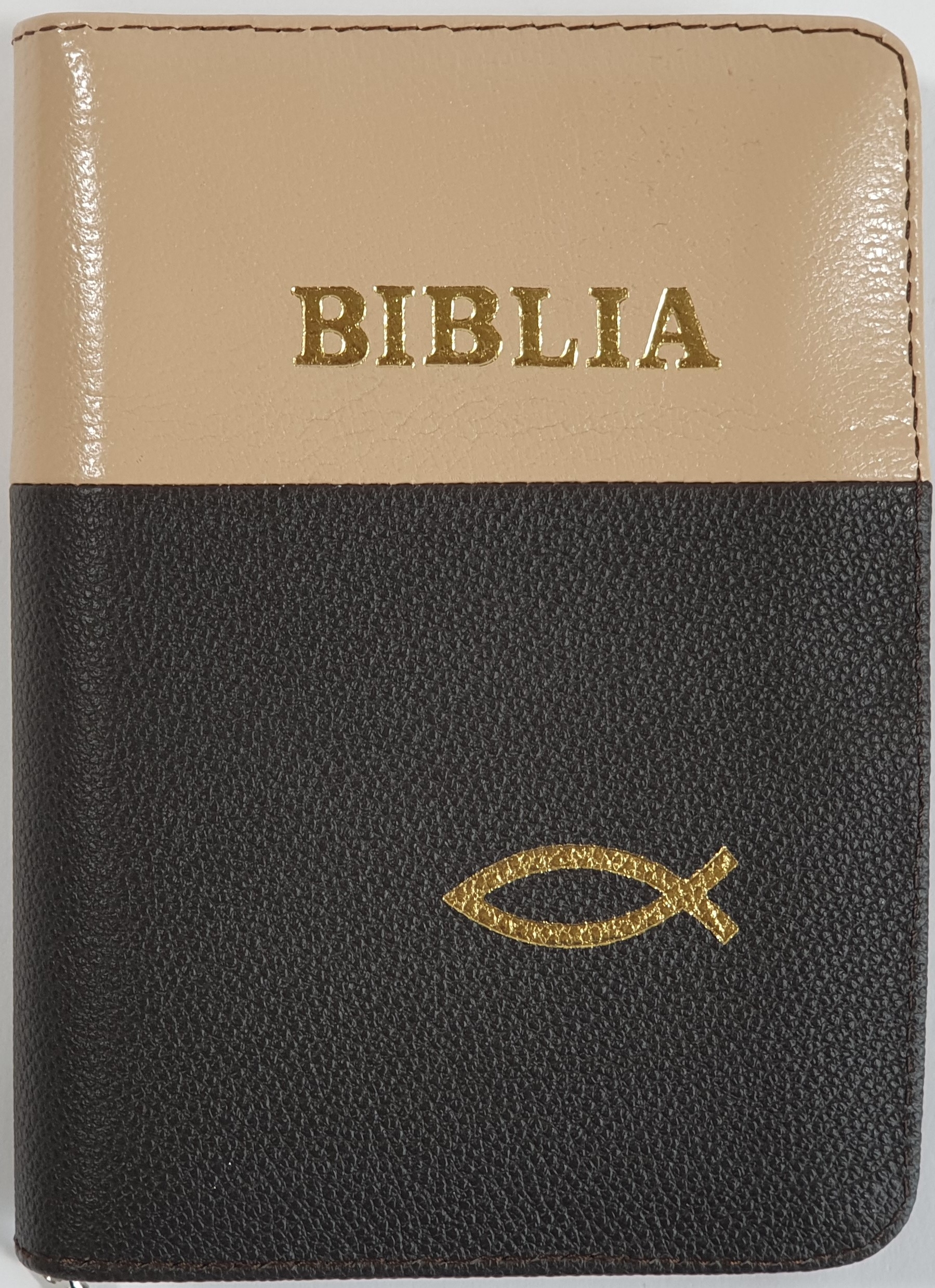 Biblia format mic, din piele, culoare crem cu negru, index, fermoar, margini argintii, simbolul peste, cuv. lui Isus in rosu [047 PFI]