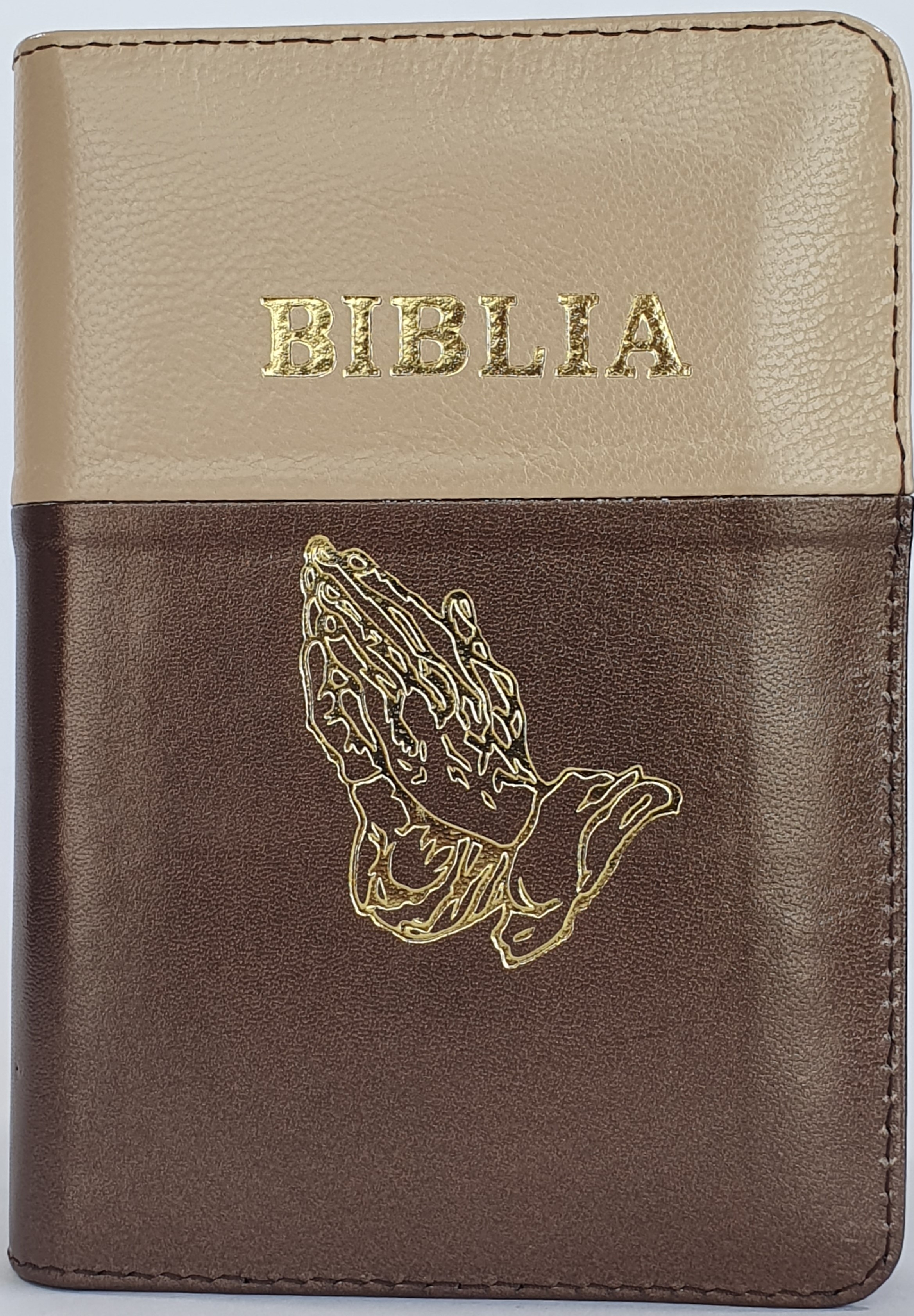 Biblia format mic, din piele, culoare crem cu maro sidefat, index, fermoar, margini argintii, simbol maini in rugaciune, cuv. lui Isus in rosu [047 PFI]