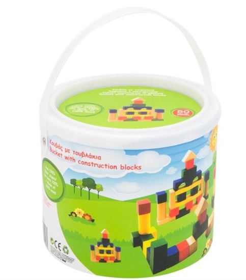 Cuburi de construit din lemn in galeata , multicolore, 50 de piese Cuburi de construit din lemn in galeata , multicolore, 50 de piese